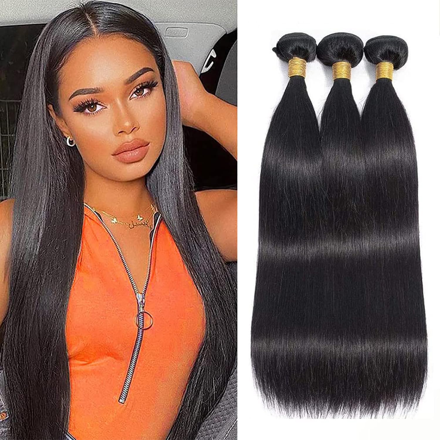 QXRM Paquets de cheveux humains raides Couleur noire naturelle - Extensions de cheveux humains vierges brésiliens 12A Double trame 100G Lisses soyeux 3 paquets de tissage non traités Cheveux humains