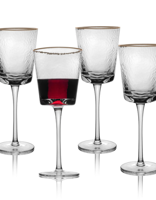 Charger l'image dans la visionneuse de galerie, Gold Rimmed Wine Glasses Set of 4-10oz Triangular Shaped Hammered Glass Gold Rimmed Glasses - Fancy Wine Glasses - Hammered Glass Vintage Wine Glasses - Cute Wine Glasses w/Triangular Shape
