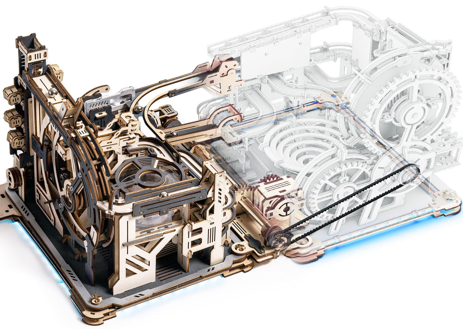 ROKR 3D Puzzle Marble Run Kit 2 in 1 Include Marble Spaceport LGC01 and Link Pack LG01 3D Wooden Puzzles for Adults Mechanical Model Sets Building Toys
