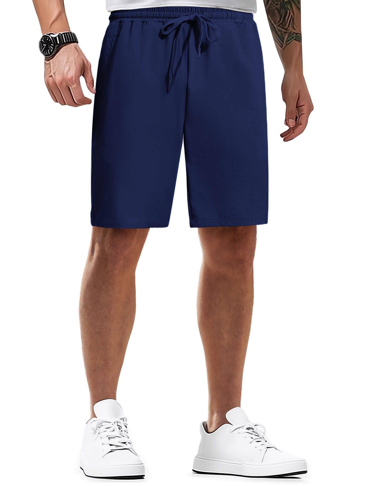 COOFANDY Mens Casual Shorts Elastic Waist Drawstring Lightweight Summer Beach Shorts Stretch Vacation Shorts Navy Blue