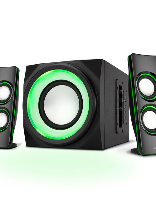 Cargar imagen en el visor de la galería, Altavoces Bluetooth Cyber Acoustics CA-SP34BT con luces LED – El sistema de altavoces de subwoofer 2.1 multimedia perfecto para juegos, películas y fiestas, color negro

