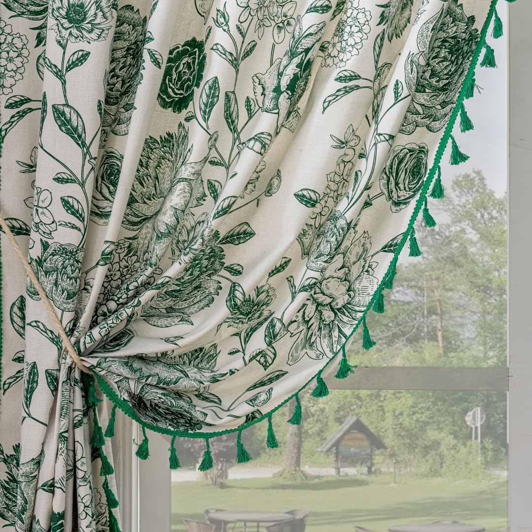 F-CHU Bohemian Curtains for Bedroom 63 Inch Length French Country Floral Drapes Farmhouse Rustic Window Curtain Panels for Bedroom Chic Cotton Linen Blend Toile Curtain，2 Panel