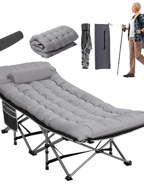 Cargar imagen en el visor de la galería, Cunas plegables anchas de camping LOENIY con almohada y colchón extra grueso, cunas para dormir de 900 libras, cama de camping para adultos con cojín (gris)
