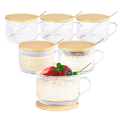 Icesip Juego de 6 tazas de café de 14 oz, recipientes de vidrio para avena nocturna con diseño de girasol y hobnail, con tapas de bambú, cucharas y asa para café con leche, cereal, yogur (6 agujeros para cuchara mezclados)