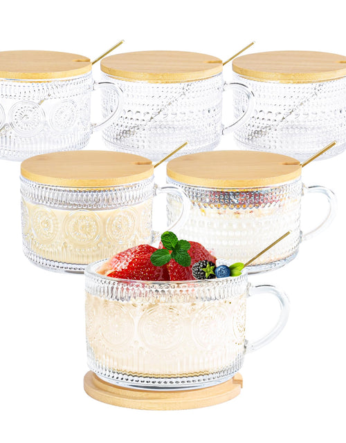 Load image into Gallery viewer, Icesip 14 oz Coffee Mugs Set of 6 Sunflower Hobnail Overnight Oats Glass Containers with Bamboo Lids Spoons Handle for Latte Cereal Yogurt(6 Mixed Spoon Hole)
