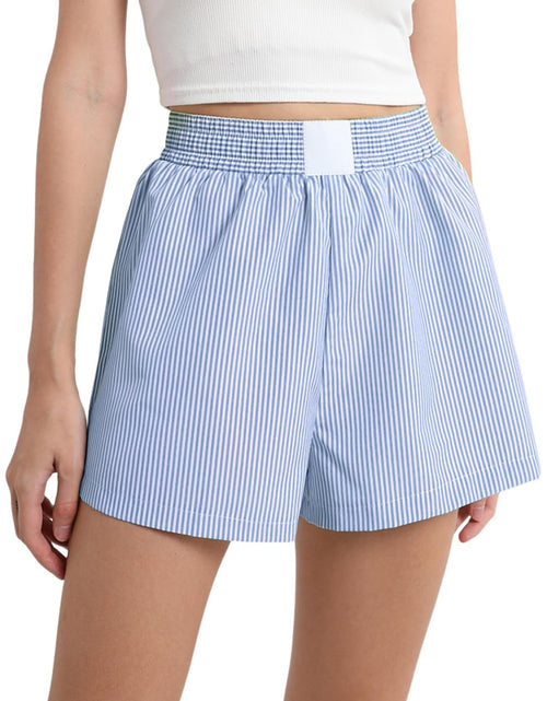 Load image into Gallery viewer, Boxer Shorts for Women Y2k Pajama Plaid Sleep Shorts Cute Elastic Waist Lounge Bottoms Pajama Sleep Shorts Blue Striped
