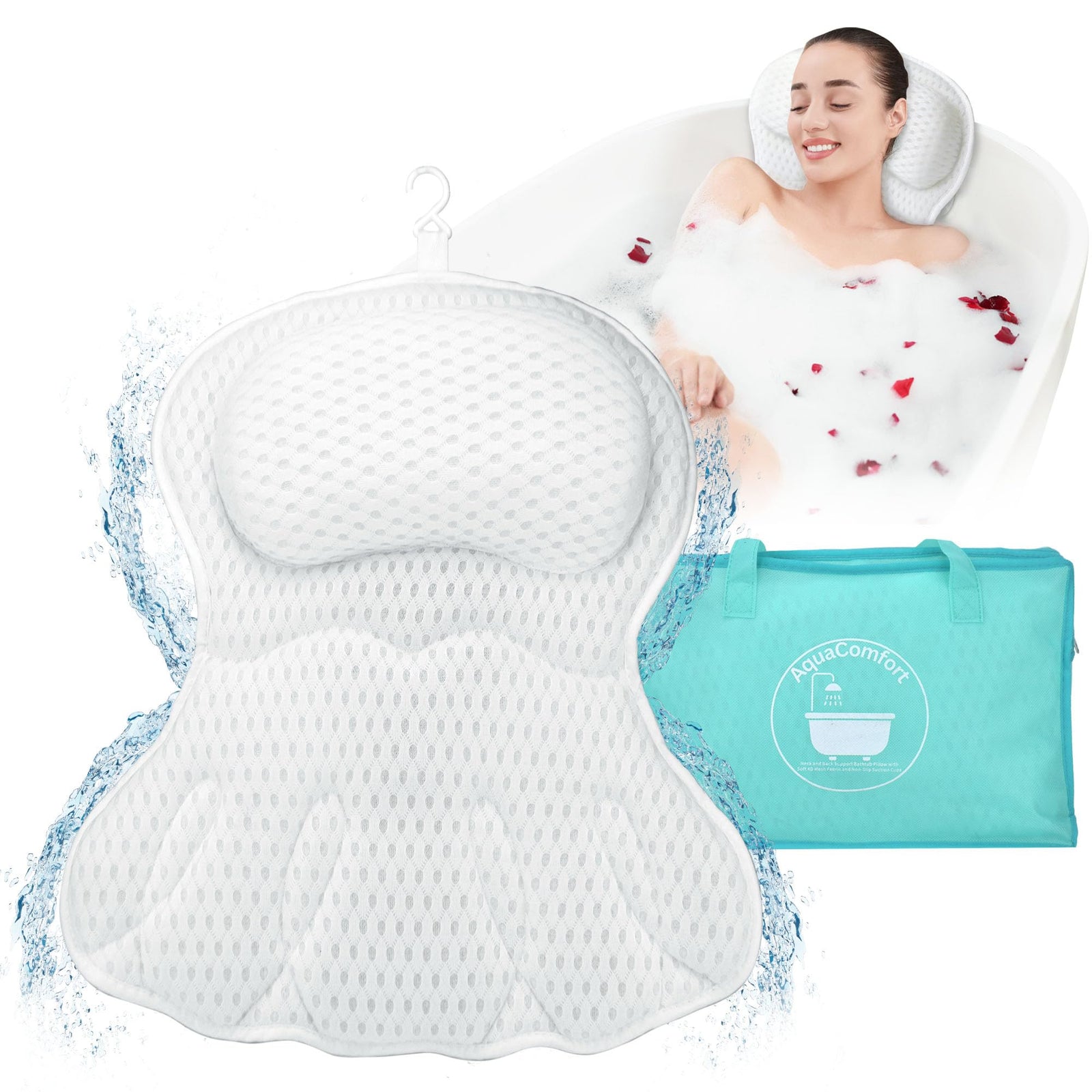 AquaComfort - Almohada de baño - Almohada para bañera para soporte de cabeza, cuello y espalda - Almohadas de baño de lujo para bañera - Cojín de respaldo y almohada para adultos para bañera - Respaldo para bañera