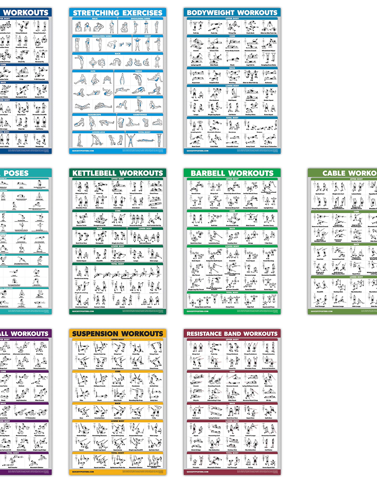 10 Pack - Exercise Workout Poster Set - Cable Machine Dumbbell Suspension Kettlebell Resistance Bands Stretching Bodyweight Barbell Yoga Poses Exercise Ball (LAMINATED 18" x 24")