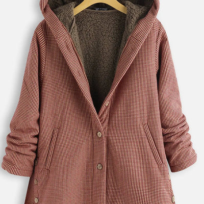 Solid Color Button Hooded Jacket and Plaid Jacket