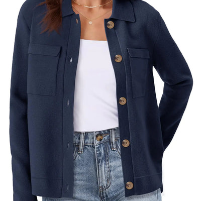 MEROKEETY Cárdigan de manga larga para mujer, suéter abierto con botones, chaqueta de punto con bolsillos, azul marino, grande