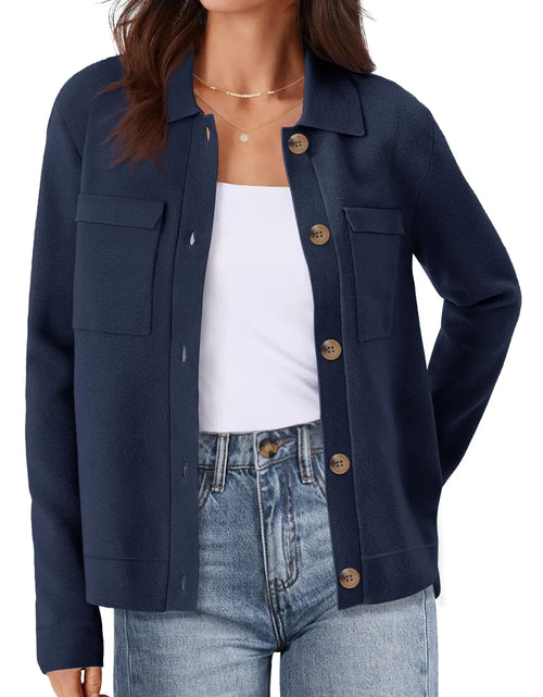 Load image into Gallery viewer, MEROKEETY Womens Long Sleeve Cardigan Sweaters Open Front Button Knit Shacket Jacket with Pockets NavyBlue Large
