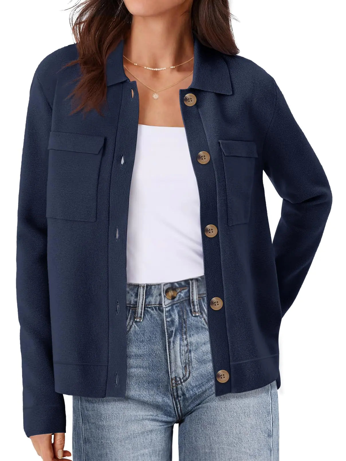 MEROKEETY Womens Long Sleeve Cardigan Sweaters Open Front Button Knit Shacket Jacket with Pockets NavyBlue Large