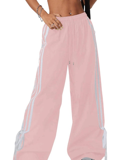 Cargar imagen en el visor de la galería, BEAUDRM Pantalones para mujer Y2K Baggy con lazo, de pierna ancha, a rayas, con cintura elástica, largos, deportivos, estilo paracaídas, color rosa, talla L
