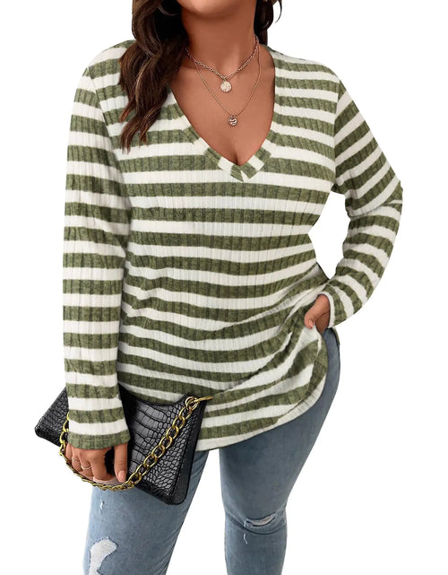 Load image into Gallery viewer, Koscacy Plus Size Fall Outfits for Women Cute Green Striped Color Block Tunic Tops Teacher Shirt Womans Shirts Postpartum Clothes Party Club Night Clothing Striped Sweater 2XL
