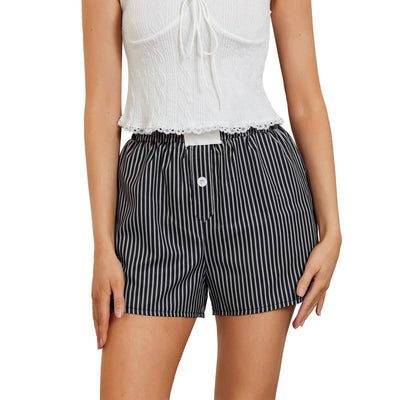 IYOWEL Womens Boxer Shorts Y2K Lounge Shorts Low Rise Striped Print Shorts Elastic Cute Pajamas Bottoms Summer Sleep Shorts with Pockets Black S