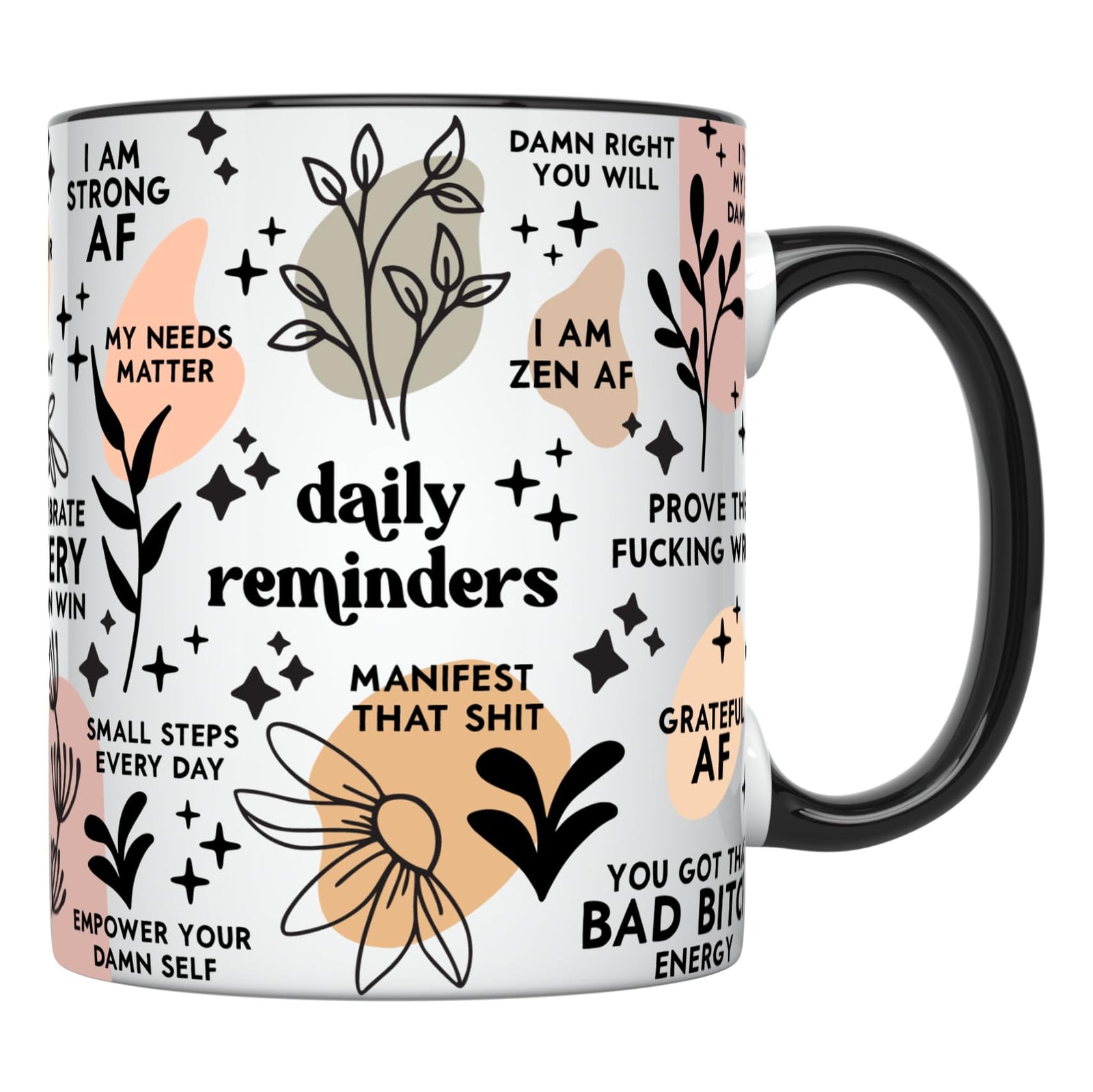 Taza de café YouNique Sweary Affirmations de 11 oz, regalos de cuidado personal para mujeres, tazas de café novedosas, regalos inspiradores para mujeres, regalos para la salud mental, tazas para mujeres, regalos para la atención plena (mango negro)