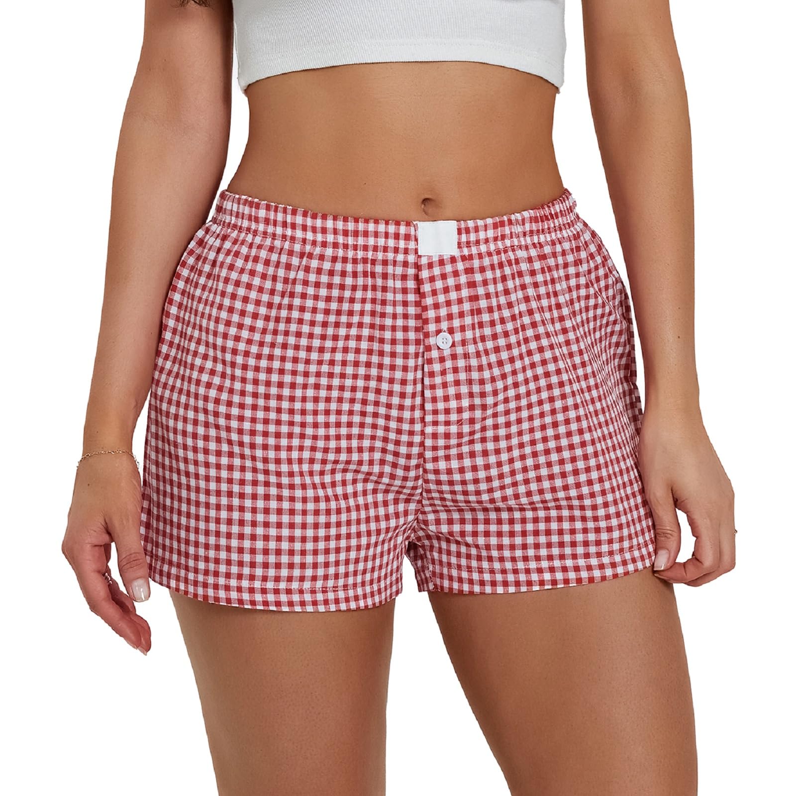 Women Y2k Plaid Shorts Elastic Waisted Gingham Pajama Shorts Plaid Boxers Shorts Lounge Sleep Shorts Bottoms