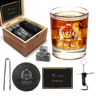 Rlecotya 50th Birthday Gifts for MenVintage1974 Whiskey Glass Set11oz Old Fashioned GlassesGifts for MenHusband Dad Birthday GiftWooden Box Slate CoastersWhiskey Stones Ice Clamp & More
