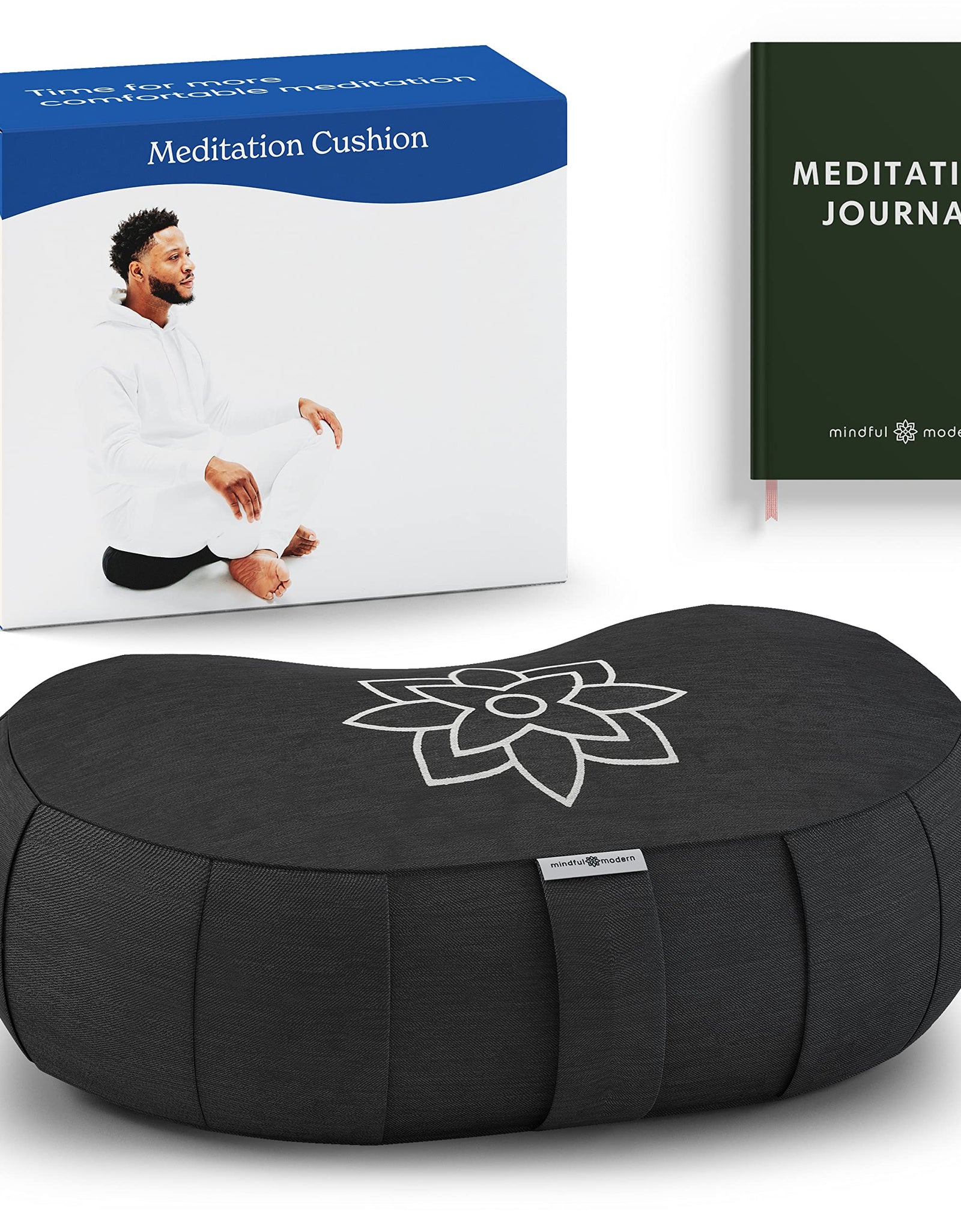 Cojín de Meditación Grande Consciente y Moderno | Rulo de Yoga Zafu Cojín de Meditación para Suelo | Cojín en Forma de Media Luna Relleno de Cáscara de Trigo Sarraceno con Funda Extraíble Lavable + Asa de Transporte (Negro Minimalista)