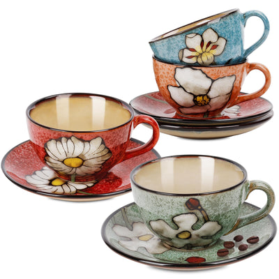 Juego de 4 tazas de capuchino Katathani, tazas de café de cerámica de 8 oz con platillos para té, espresso y café con leche - Tazas de café de porcelana pintadas a mano bajo vidriado
