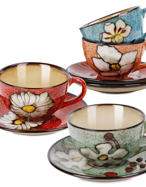 Load image into Gallery viewer, Katathani Cappuccino Cups Set of 4，8oz Ceramic Coffee Cups with Saucers for Tea Espresso and Latte- Porcelain Underglaze Hand-painted Coffee Mugs
