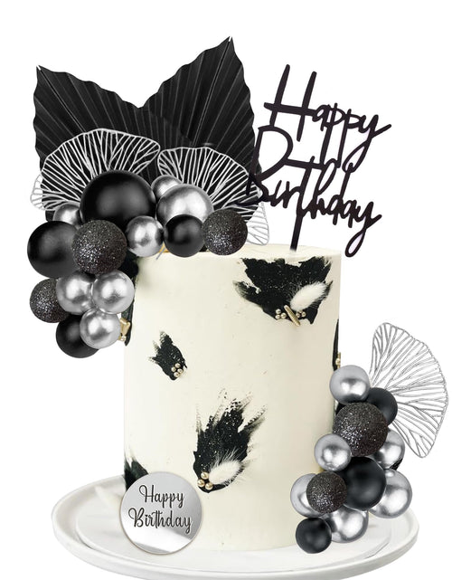 Load image into Gallery viewer, Silver Black Balls Cake Toppers Happy Birthday Cake Decorations for Wedding Baby Shower Birthday Party Decorations (Silver Black)
