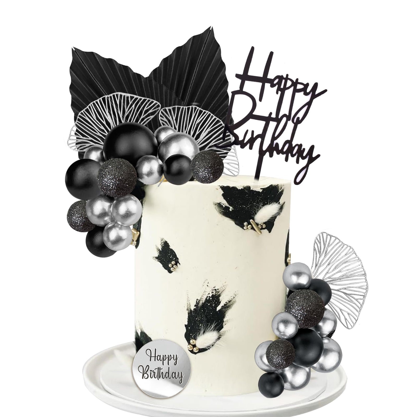 Silver Black Balls Cake Toppers Happy Birthday Cake Decorations for Wedding Baby Shower Birthday Party Decorations (Silver Black)