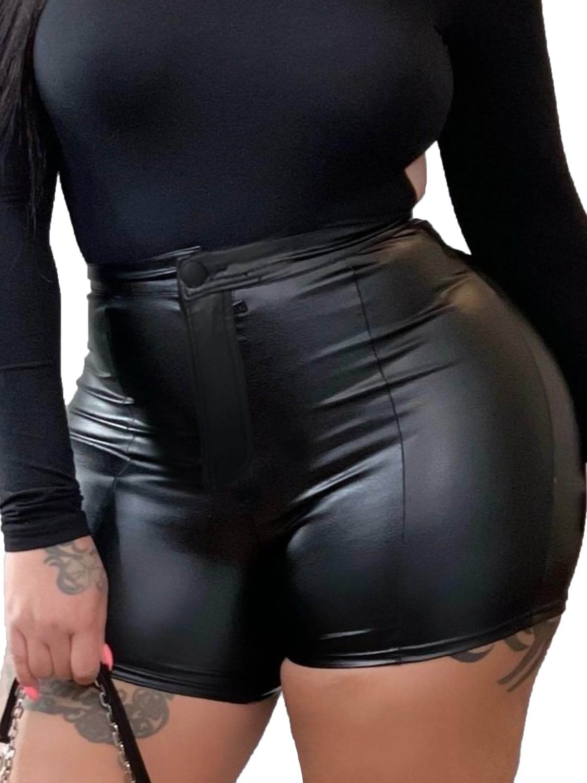 Zebaexf Black Leather Shorts High Waist Legging Shorts Womens Casual Faux Leather Shorts XXL
