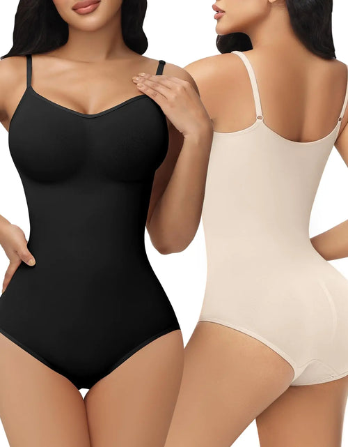 Charger l'image dans la visionneuse de galerie, SHAPSHE Lot de 2 bodys pour femme, gaine amincissante grande taille, body une pièce, entraînement, amincissant la taille, contrôle du ventre, graisse dorsale, bas du ventre, rehausse les fesses, col en V, noir crème
