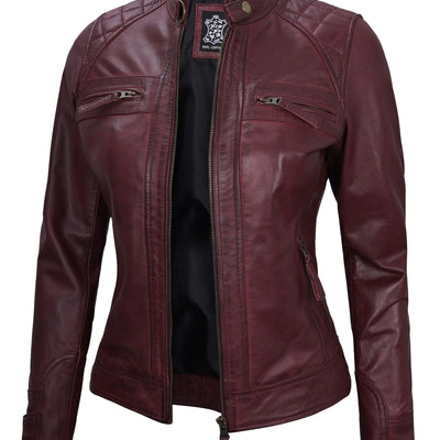 Decrum Maroon Leather Jacket - Womens Biker Jacket | (N2) [1315914] Diamond 1 Maroon L