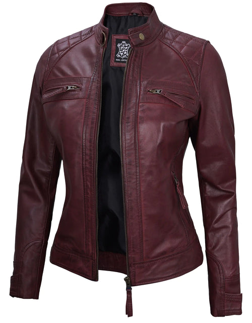 Load image into Gallery viewer, Decrum Maroon Leather Jacket - Womens Biker Jacket | (N2) [1315914] Diamond 1 Maroon L
