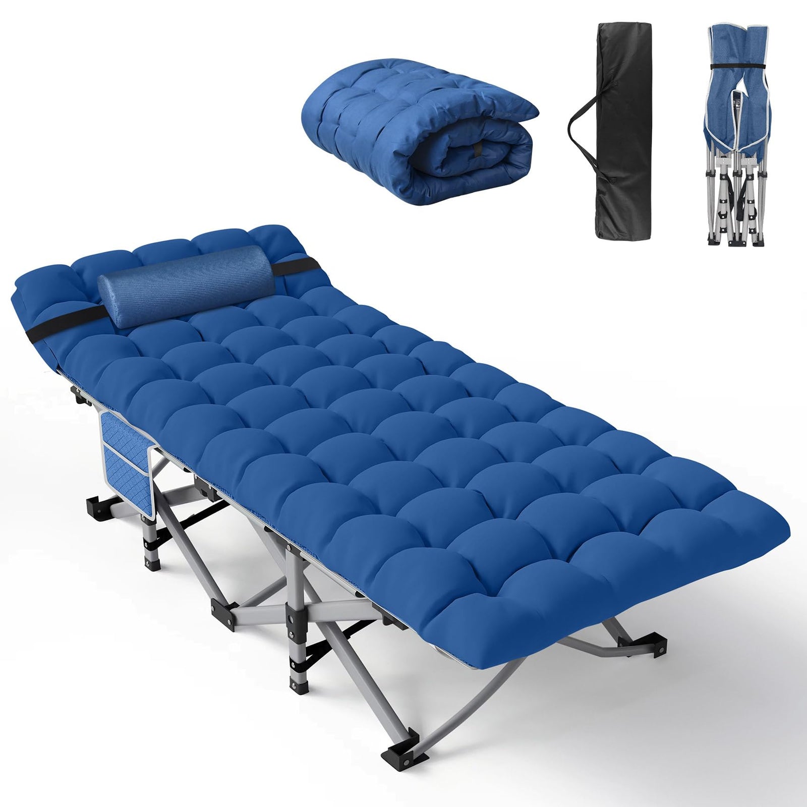 Slendor Folding Camping Cot with Mattress for Adults 74” L x 28” W x 15” H Camp Cot w/Pillow Storage Bag Sleeping Cot Bed for Tent Office Outdoor Blue Cot Blue Pad 500lbs Load Support
