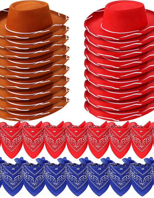 Load image into Gallery viewer, Unittype 18 Sets Cowboy Hats and Bandanas Bulk Kids Western Cowboy Costume Accessories Kids Party Supplies(Brown Red Blue)
