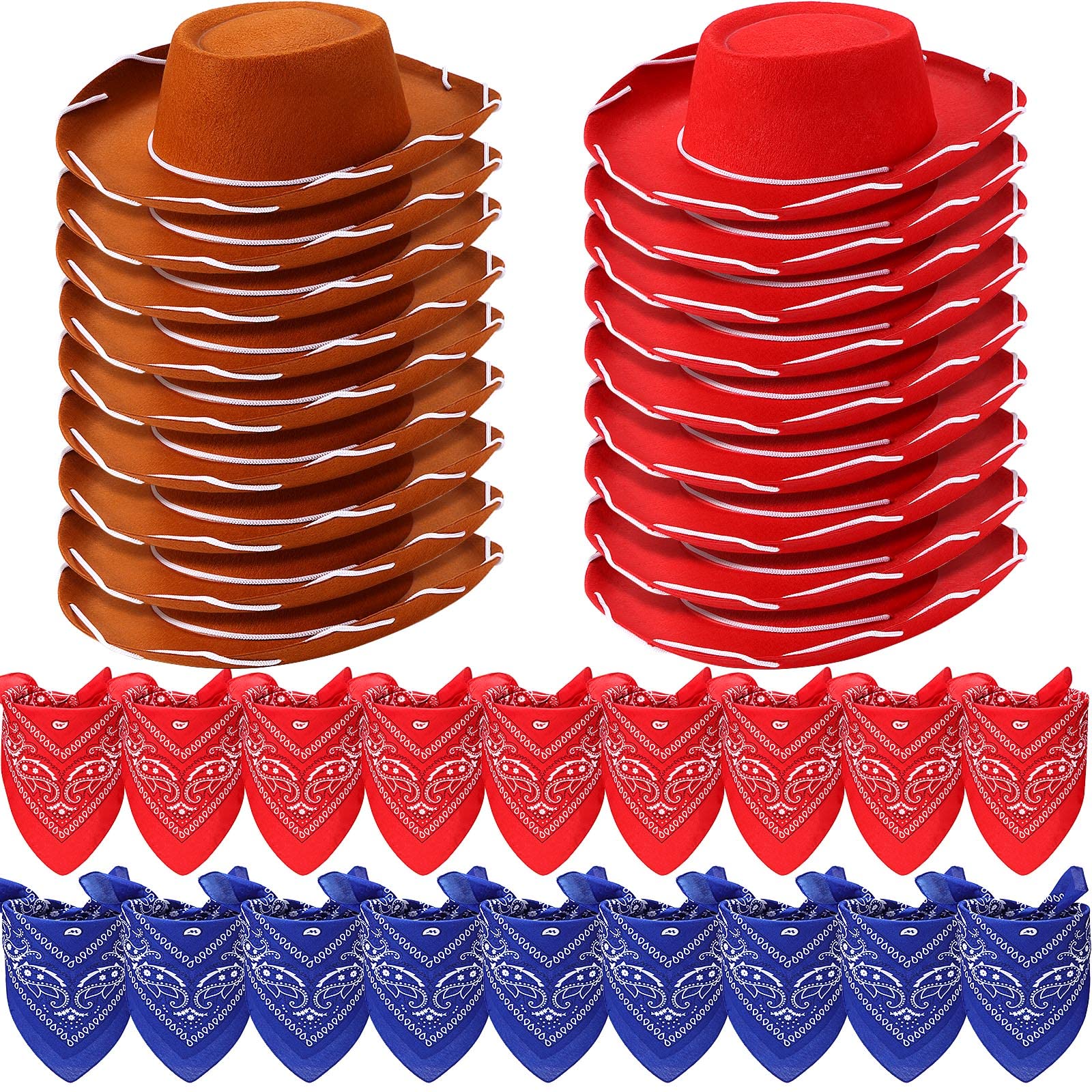 Unittype 18 Sets Cowboy Hats and Bandanas Bulk Kids Western Cowboy Costume Accessories Kids Party Supplies(Brown Red Blue)