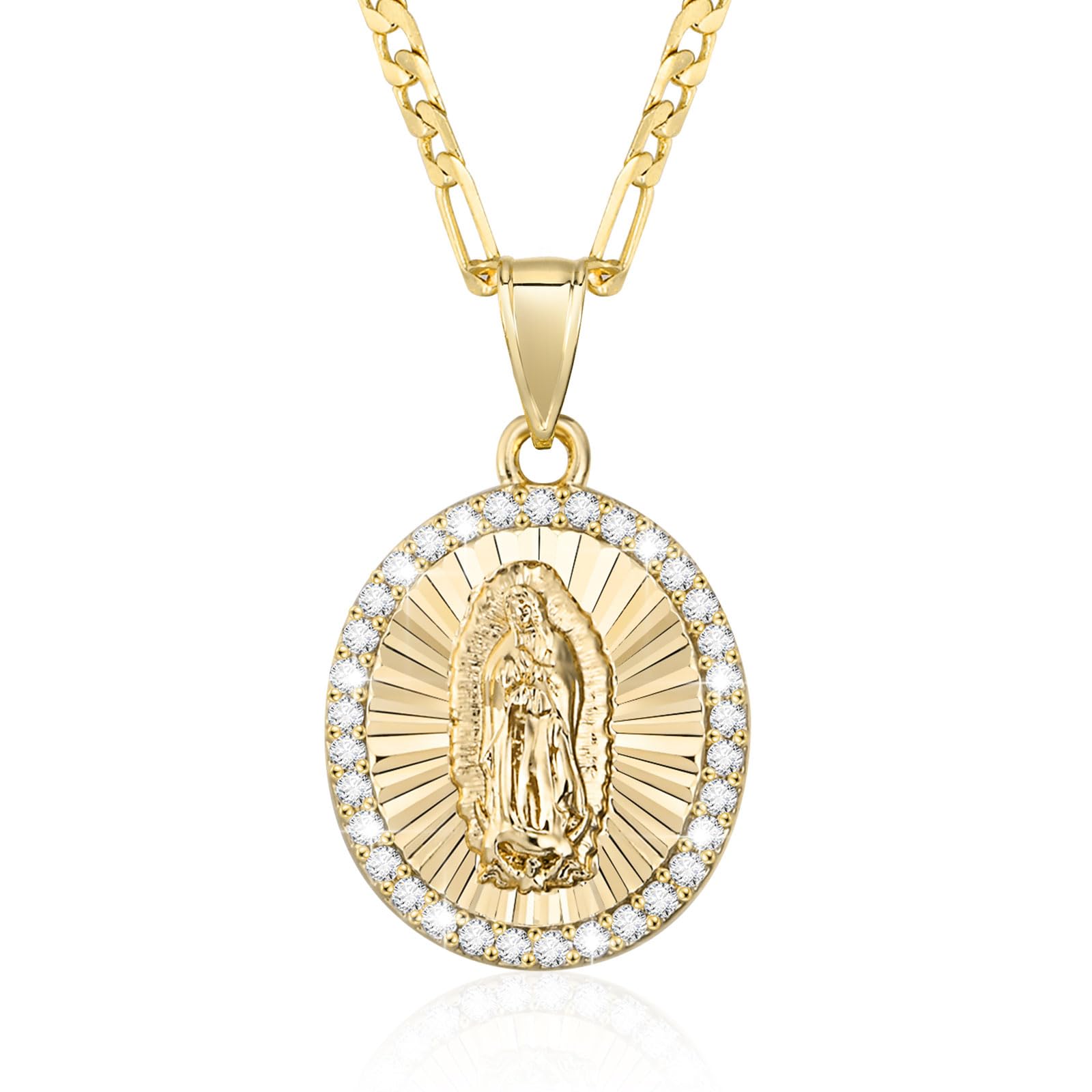 Hisatan 14k Gold Plated Guadalupe Virgin Mary Pendant Necklace for Women Cubic Zirconia Mother Mary Catholic Necklace Virgen de Guadalupe Charm Pendant Lady of Guadalupe Jewelry 18"+2" Chain
