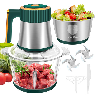 Food Processor Meat Grinder with 2 Bowls (8 Cup+8 Cup) 5 Speed Modes Electric Food Chopper with 2 Sets Stainless Steel Blades Kitchen Mincer for Meats Vegetables Fruits Baby Food 300W (Green)