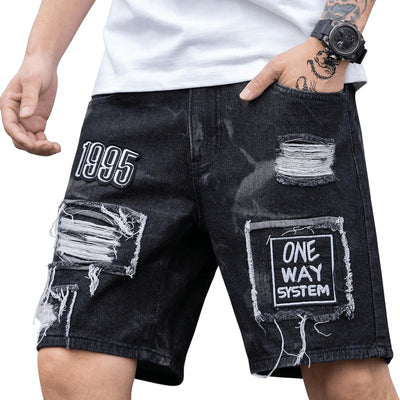 WDIRARA Mens Ripped Denim Shorts Straight Leg Raw Hem Frayed Distressed Jean Shorts Pants Letter Grey X-Large