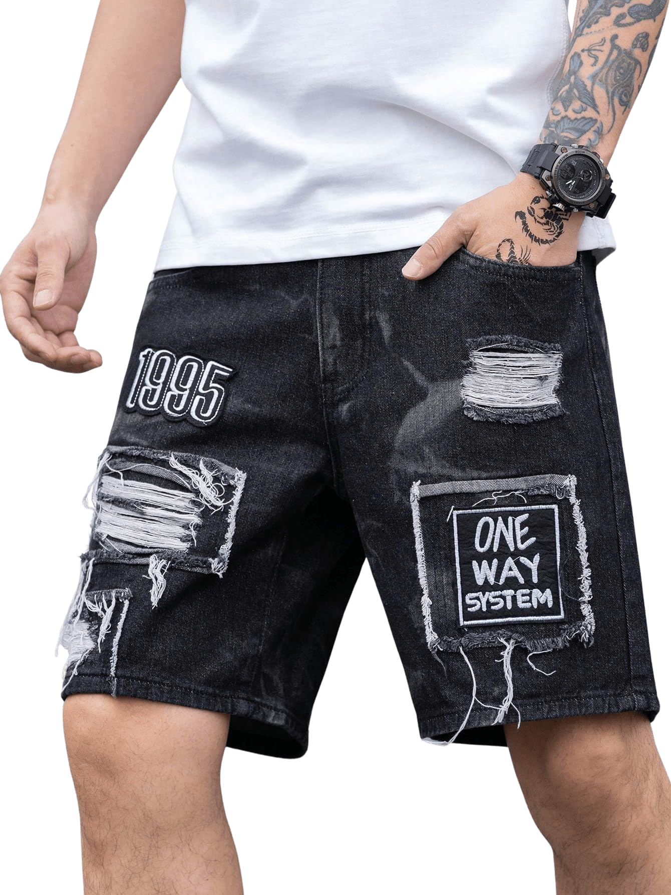 WDIRARA Mens Ripped Denim Shorts Straight Leg Raw Hem Frayed Distressed Jean Shorts Pants Letter Grey X-Large