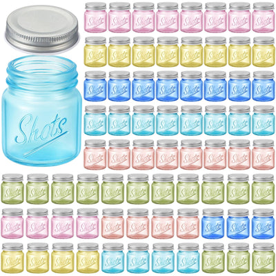72 Pcs Mini Mason Jar Shot Glasses with Lids 2 Oz Mason Jars Shot Glasses Dishwasher Safe Mason Shooter Glass for Wedding Party Favors Home Bar Drinks Shot Favors Desserts (Fresh Color)