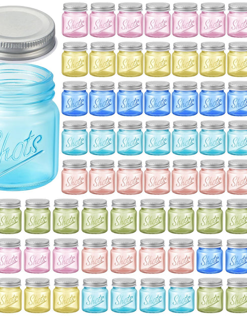 Load image into Gallery viewer, 72 Pcs Mini Mason Jar Shot Glasses with Lids 2 Oz Mason Jars Shot Glasses Dishwasher Safe Mason Shooter Glass for Wedding Party Favors Home Bar Drinks Shot Favors Desserts (Fresh Color)
