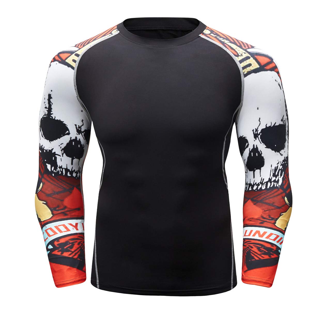 F.Q Yuqee Mens Soft Fit Long Sleeve Workout Rashguard Cool Dry Compression Fitness Shirt Red Skull L
