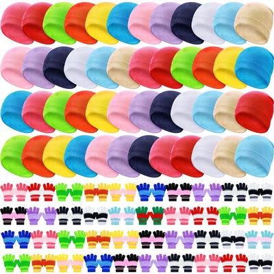 Chuarry 144Pcs/72Set Winter Beanie and Gloves Bulk Kids Knit Hat Gloves Pack Unisex Cold Weather Cap for Boys Girls Gift(Fresh)