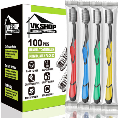 VKshop 100 Bulk Charcoal Toothbrushes Individually Wrapped Travel Toothbrush Set for Adults Kids Disposable Manual Toothbrushes Set (4 Colors)