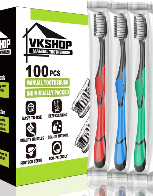 Load image into Gallery viewer, VKshop 100 Bulk Charcoal Toothbrushes Individually Wrapped Travel Toothbrush Set for Adults Kids Disposable Manual Toothbrushes Set (4 Colors)

