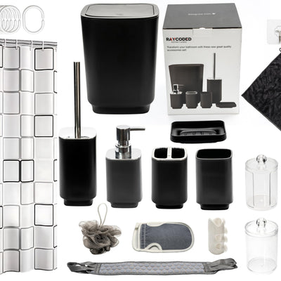 RAYCODED 29pcs Bathroom Accessories Set Bathroom Accessory Set with Trash Can Bathroom Shower Curtain Sets Shower Curtains for Bathroom Sets Black Restroom Decor and Accessories