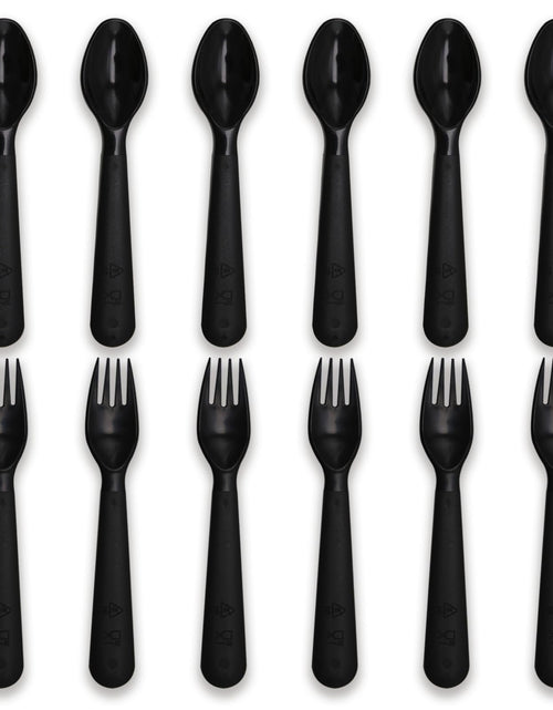 Charger l'image dans la visionneuse de galerie, Muulaii Lot de 12 cuillères et fourchettes pour enfants, ustensiles en plastique réutilisables, ensemble de couverts pour bébé, vaisselle d'alimentation, ustensiles sans BPA, compatibles micro-ondes, lave-vaisselle et congélateur – Noir
