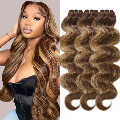 Extensions de Cheveux Brésiliens Vierge 16A, Ondulées, Paquets de 16, 18, 20 Pouces d'Épaisseur, Mèches avec Reflets P427 Marron