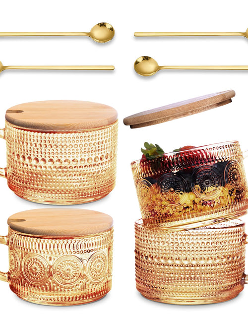 Load image into Gallery viewer, Ollieroo 4pcs Coffee CupsVintage Coffee Mugs Overnight Oats Containers with Lids and Spoons 14oz Coffee Glasses Drinkware Set for Iced CoffeeYogurtMilkTeaCoffee Bar AccessoriesAmber

