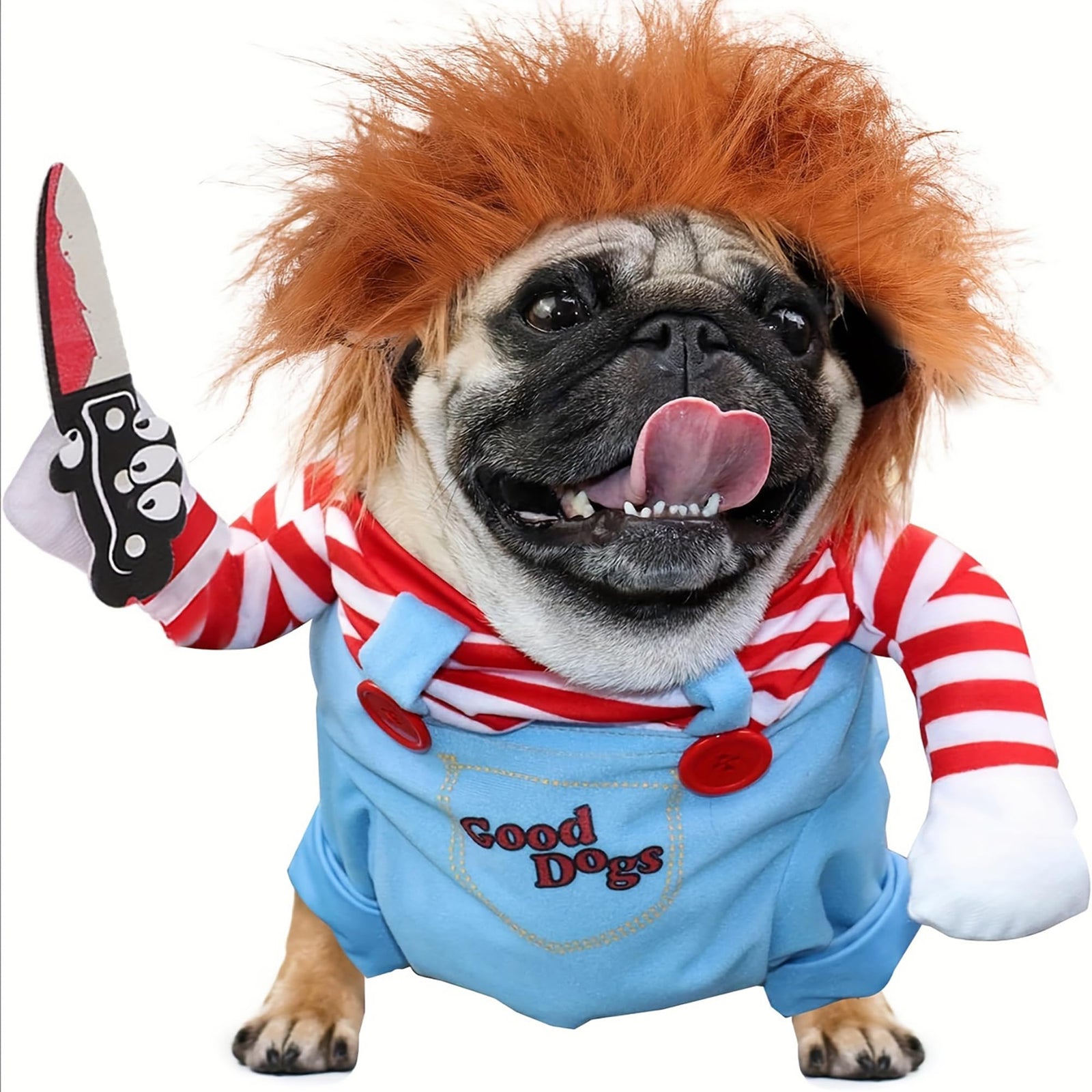 nezababy Chucky Dog Costume with Knife Wig Halloween Chucky Puppy Outfits Scary Dead Dog Clothes Cosplay for Pet Small Medium Dogs Cats Funny Dress Up (Small)