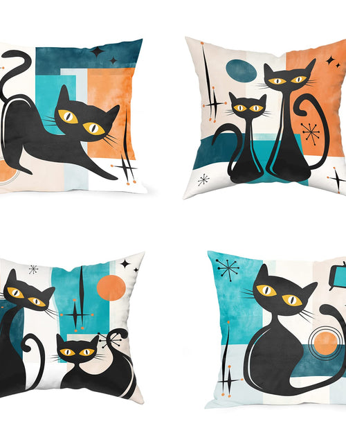 Load image into Gallery viewer, DZGlobal Black Cat Pillows Retro Atomic Cat Cushion Covers Mid Century Pillow Covers Halloween Throw Pillow Covers 20x20 for Modern Living Room Decor Set of 4
